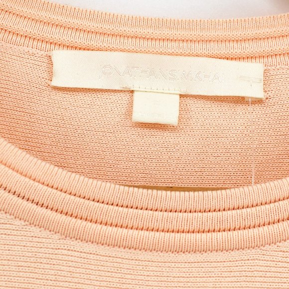 Jonathan Simkhai Stretch Knit Bell Sleeve Peplum Top Blush Cut Out  Jewel Neck - Picture 5 of 13